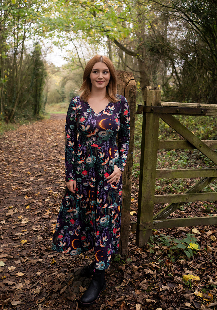 Tanya Flying Heron Print Tiered Hem Midaxi Dress