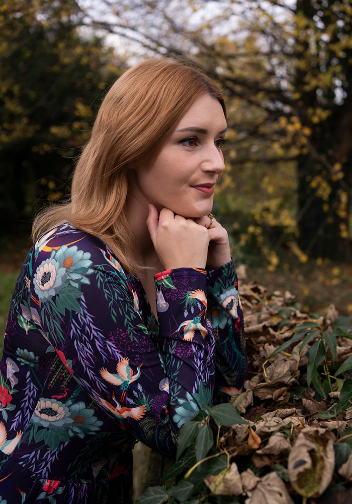 Tanya Flying Heron Print Tiered Hem Midaxi Dress
