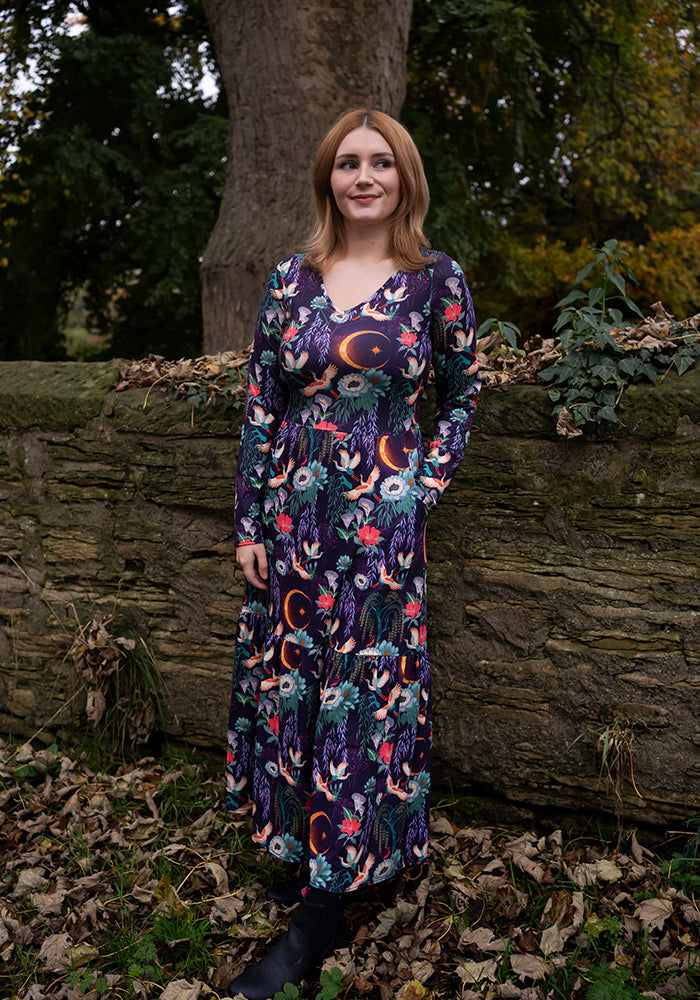Tanya Flying Heron Print Tiered Hem Midaxi Dress