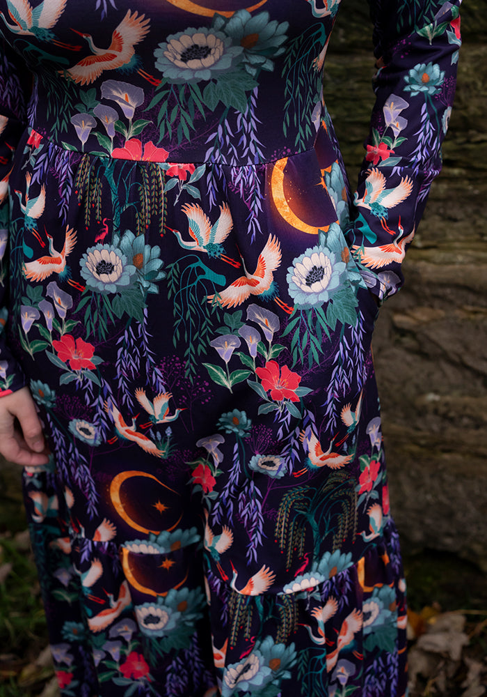 Tanya Flying Heron Print Tiered Hem Midaxi Dress