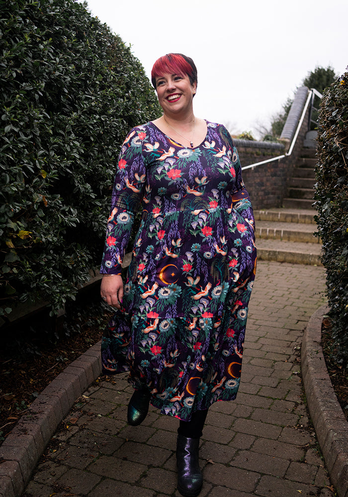 Tanya Flying Heron Print Tiered Hem Midaxi Dress