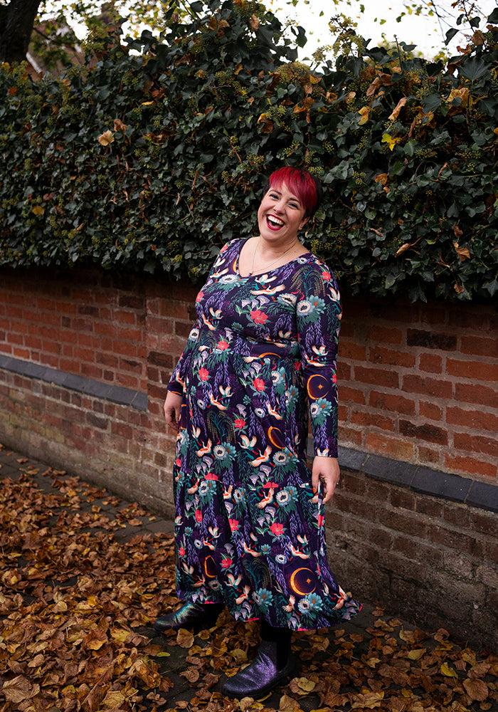Tanya Flying Heron Print Tiered Hem Midaxi Dress