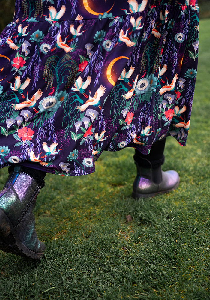 Tanya Flying Heron Print Tiered Hem Midaxi Dress