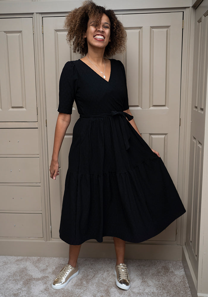 tiered hem midi dress Tate Black Oval Textured Tiered Hem Midi Dress