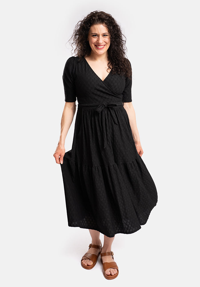 Sixth angle of Tate Black Oval Textured Tiered Hem Midi Dress