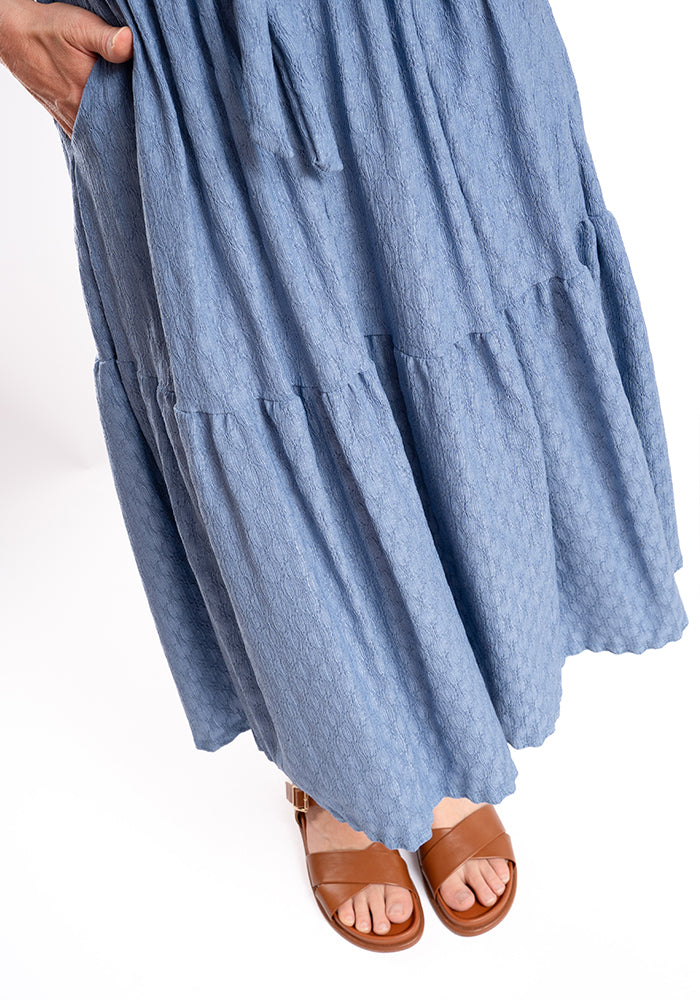 Tate Chambray Blue Oval Textured Tiered Hem Midi Dress