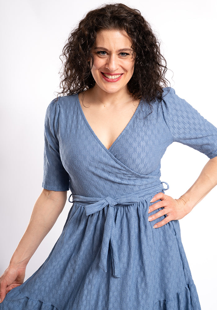 Tate Chambray Blue Oval Textured Tiered Hem Midi Dress