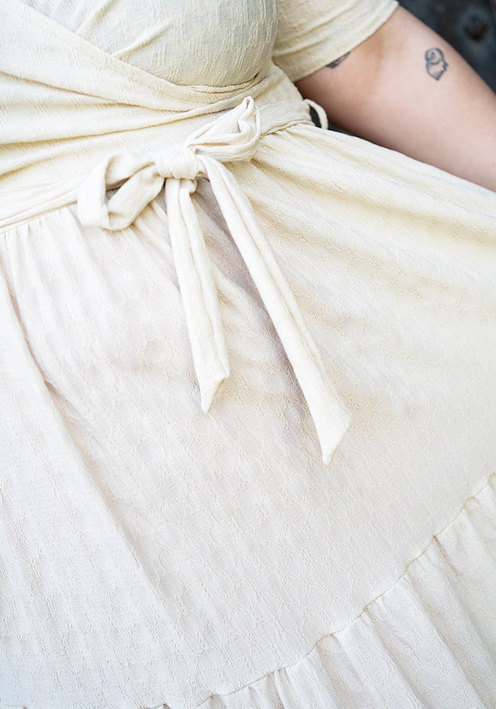 Second angle of Tate Cream Oval Textured Tiered Hem Midi Dress
