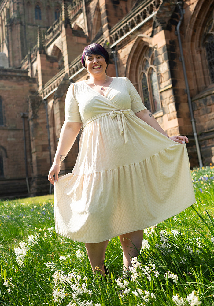 Fourth angle of Tate Cream Oval Textured Tiered Hem Midi Dress