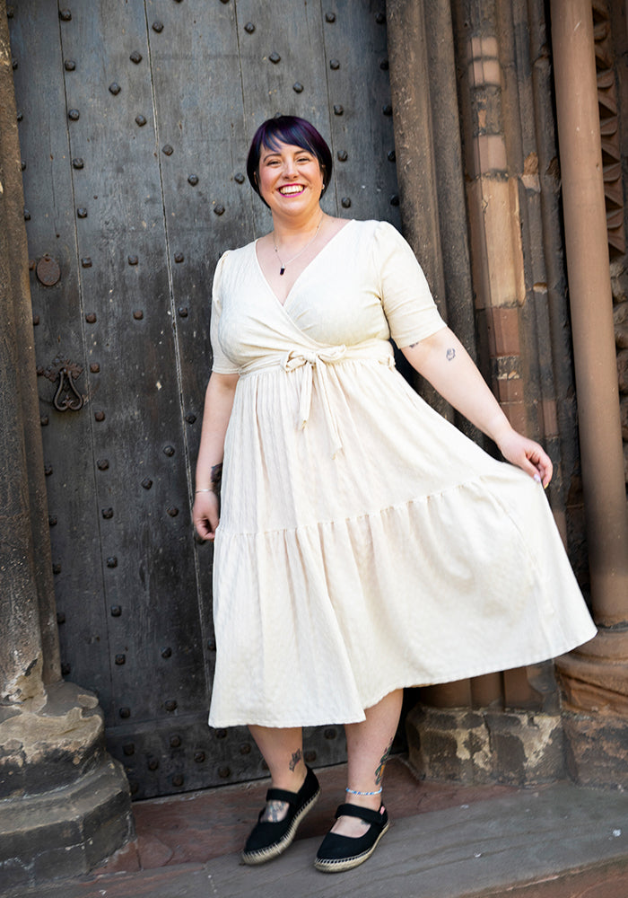 Fifth angle of Tate Cream Oval Textured Tiered Hem Midi Dress
