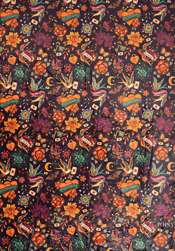 Eighth angle of Purple Tattoo Print Plush Throw Blanket (Pop-Under)
