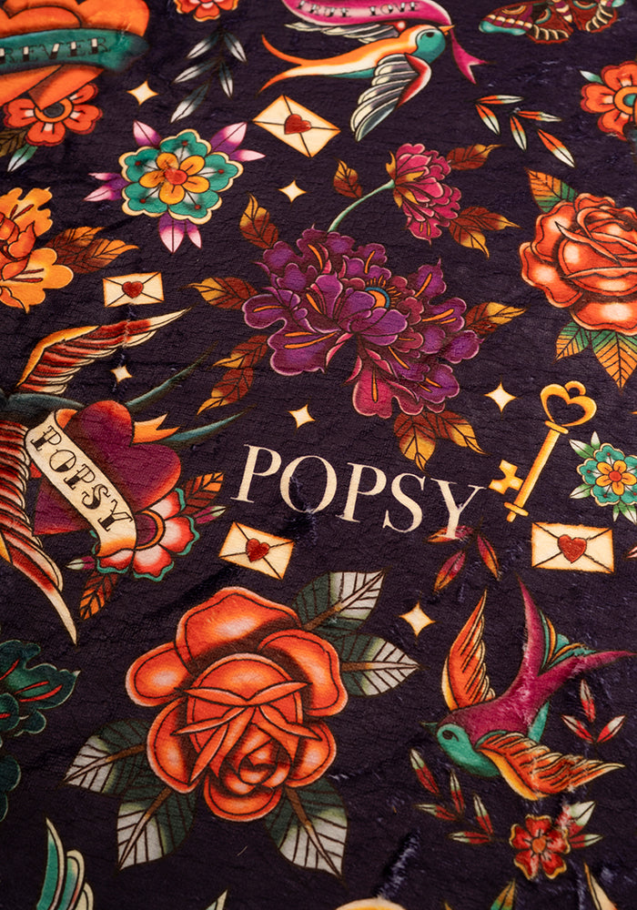Second angle of Purple Tattoo Print Plush Throw Blanket (Pop-Under)