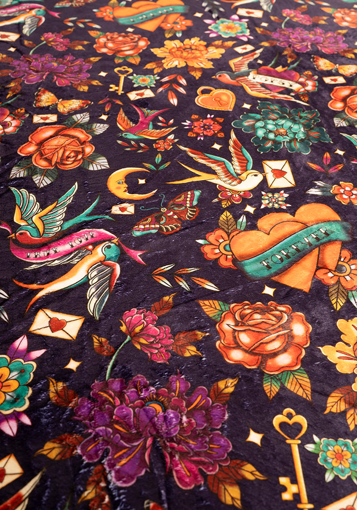 Sixth angle of Purple Tattoo Print Plush Throw Blanket (Pop-Under)