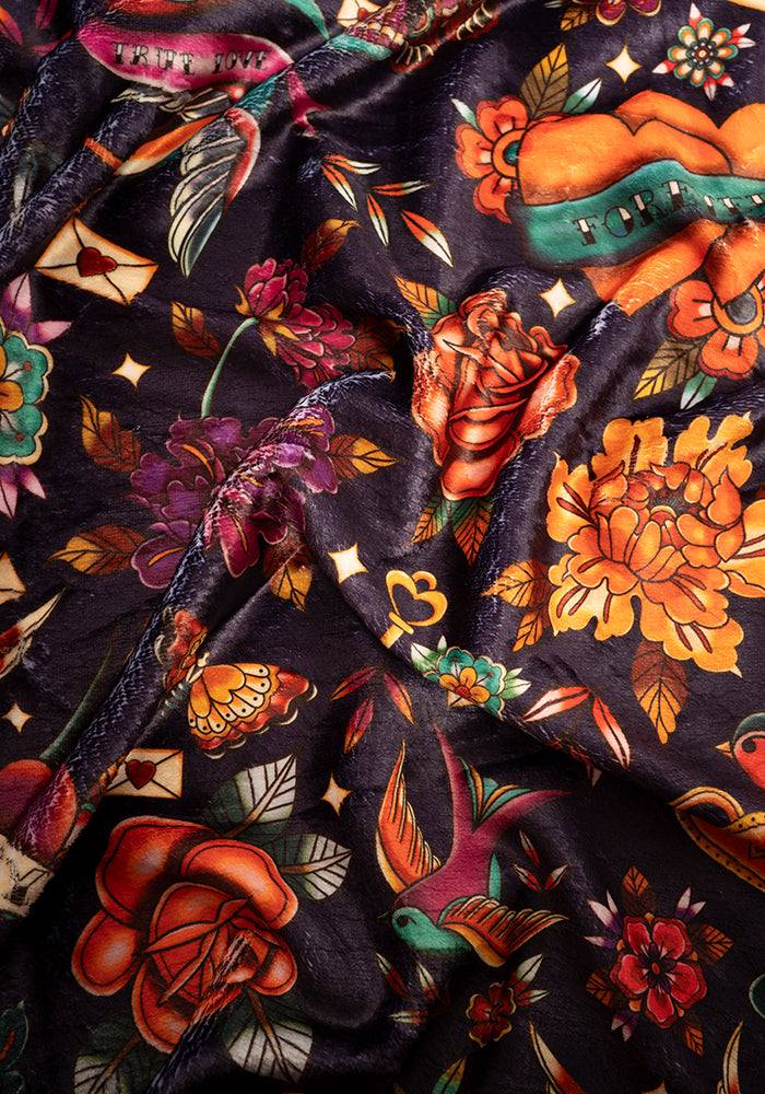 Third angle of Purple Tattoo Print Plush Throw Blanket (Pop-Under)