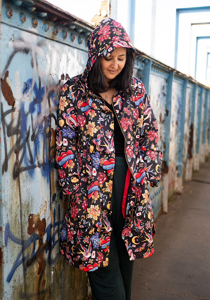 Front view of Tattoo Print Popsy Coat