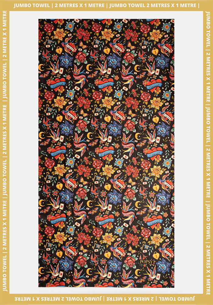 Front view of Tattoo Print Jumbo Bath Sheet