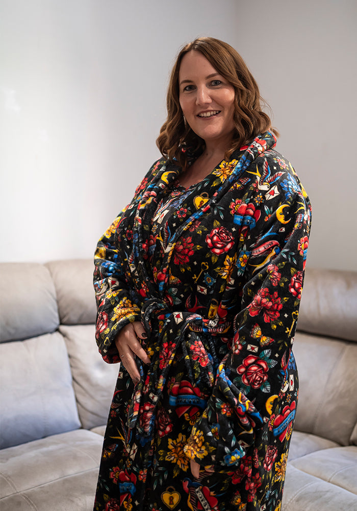 Fifth angle of Tattoo Print Fleece Dressing Gown