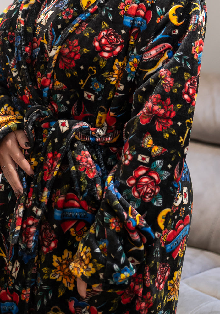 Third angle of Tattoo Print Fleece Dressing Gown