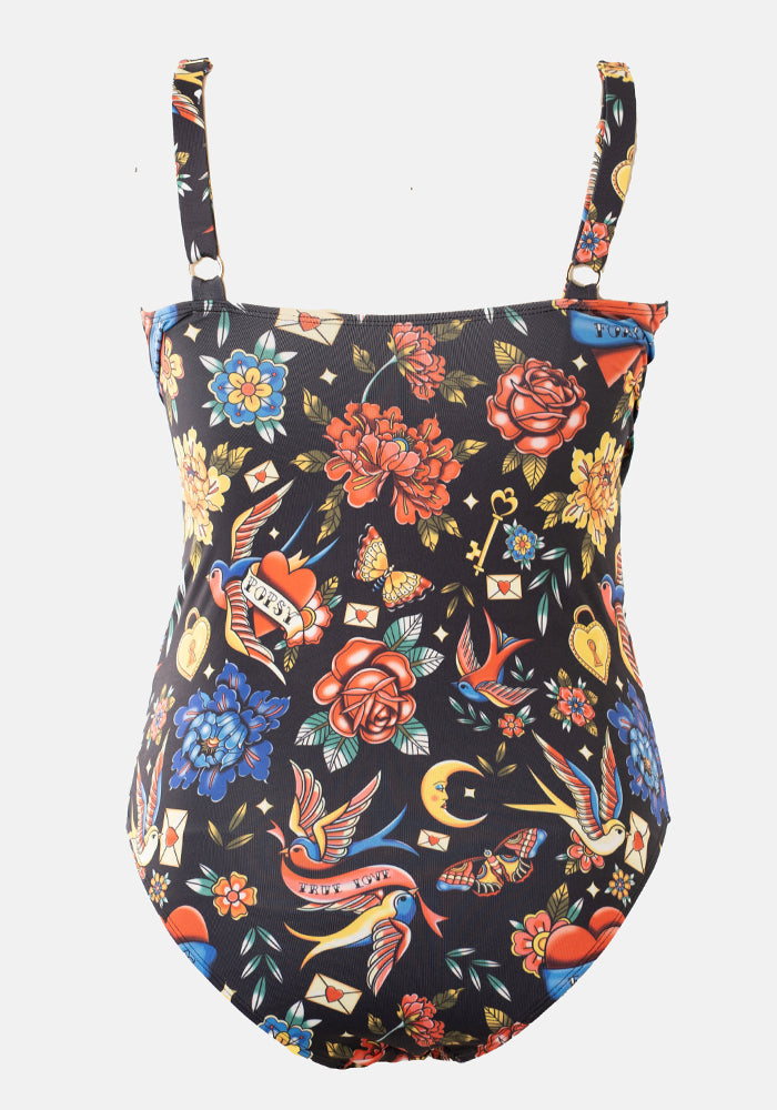 Popsy Tattoo Print Side Ruched Swimsuit