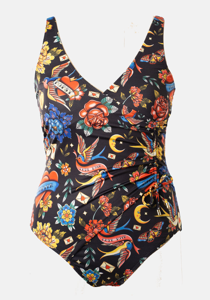 Third angle of Tattoo Print Side Ruched Swimsuit