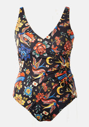 Popsy Tattoo Print Side Ruched Swimsuit