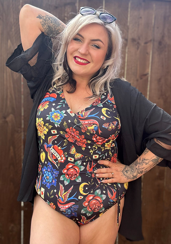 Fourth angle of Tattoo Print Side Ruched Swimsuit