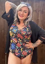 Popsy Tattoo Print Side Ruched Swimsuit