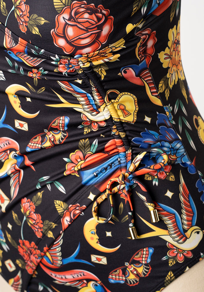 Eighth angle of Tattoo Print Side Ruched Swimsuit