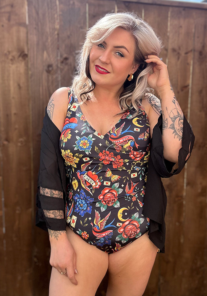 Popsy Tattoo Print Side Ruched Swimsuit