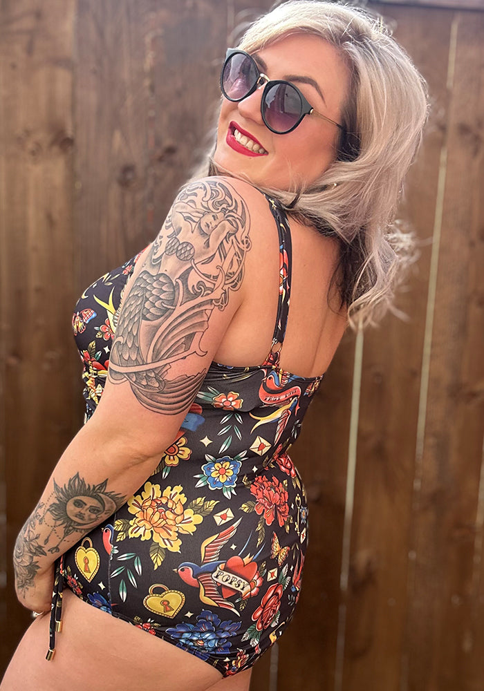 Popsy Tattoo Print Side Ruched Swimsuit
