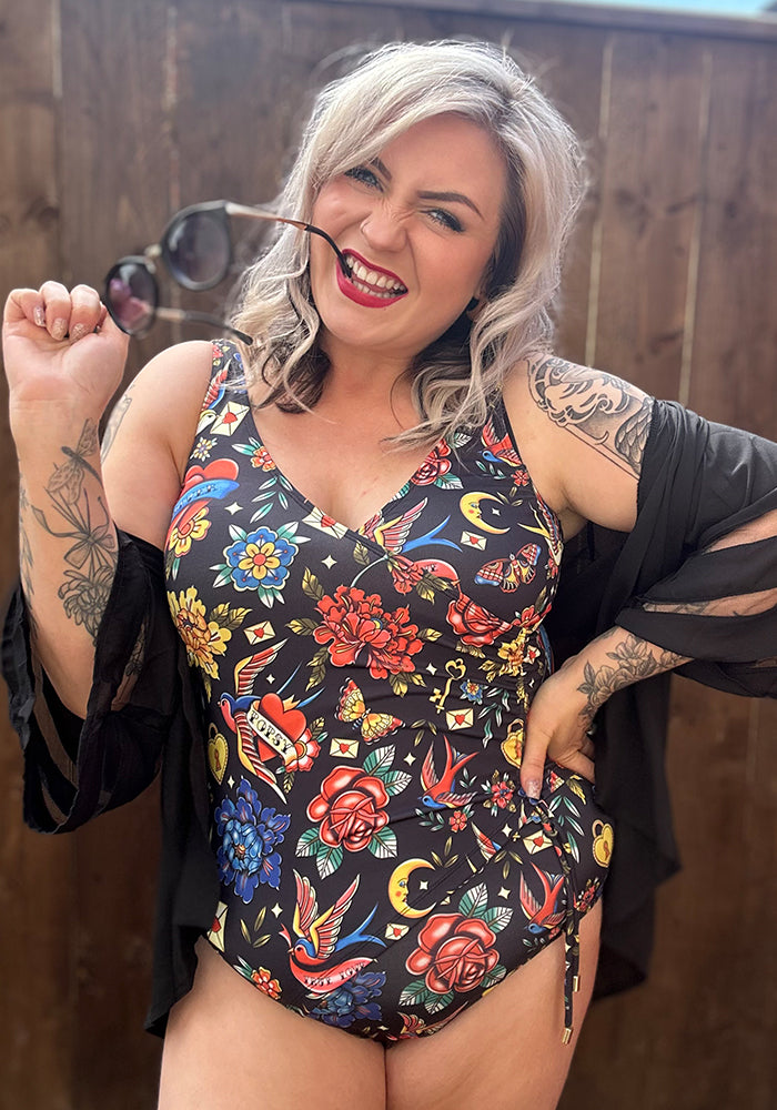 Front view of Tattoo Print Side Ruched Swimsuit