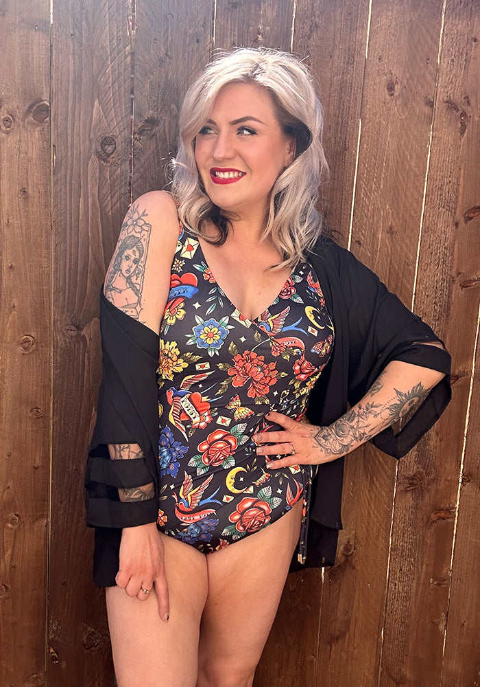 Popsy Tattoo Print Side Ruched Swimsuit
