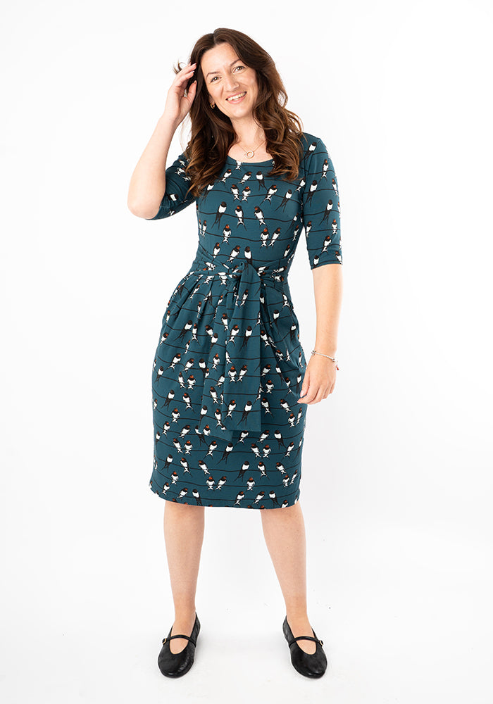 Third angle of Tavi Bird on the Line Print Cotton Dress