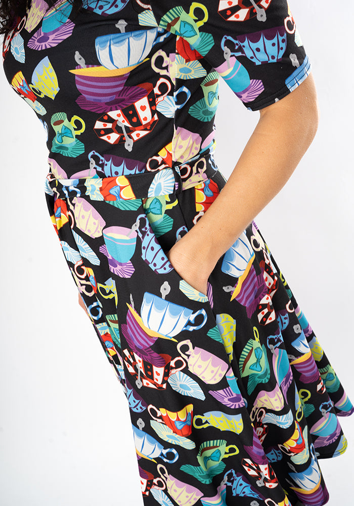 Fifth angle of Tay Tea Cup Stack Print Dress, our jersey is a smooth, stretchy fabric known for its comfort and ease.