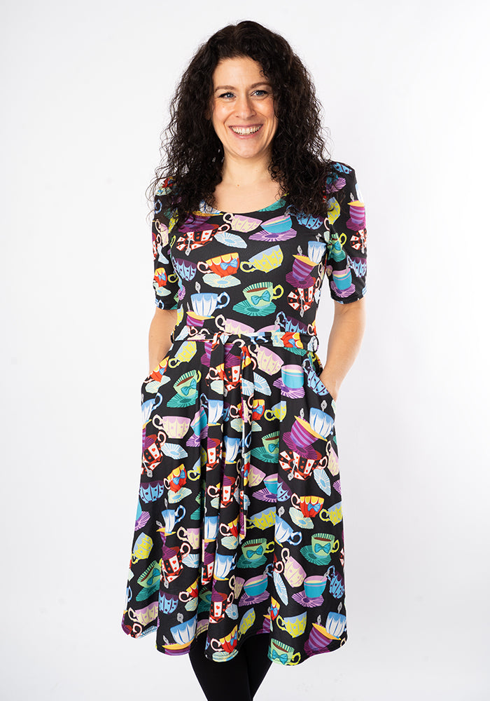 Ninth angle of Tay Tea Cup Stack Print Dress, our jersey is a smooth, stretchy fabric known for its comfort and ease.