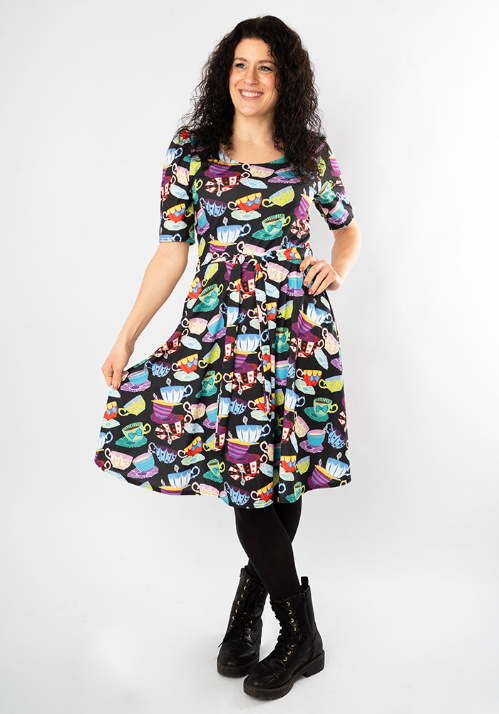 Fourth angle of Tay Tea Cup Stack Print Dress, our jersey is a smooth, stretchy fabric known for its comfort and ease.