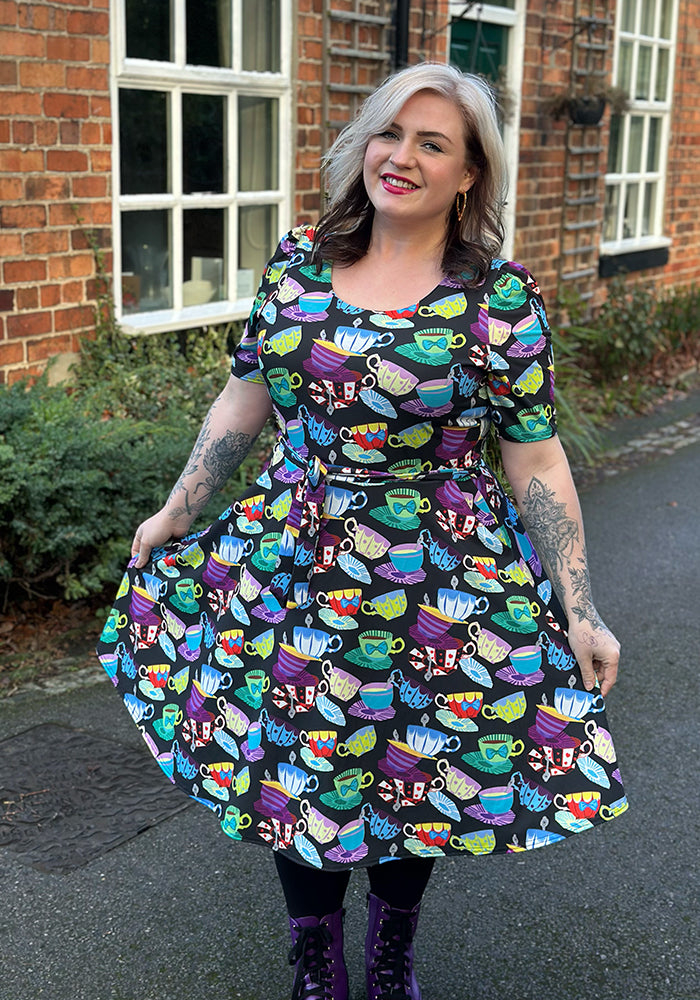 Front view of Tay Tea Cup Stack Print Dress, our jersey is a smooth, stretchy fabric known for its comfort and ease.