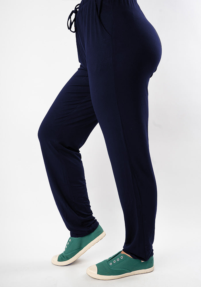 Front view of Taylen Navy Harem Pants, this viscose elastane blend is soft, breathable, and beautifully drapey.