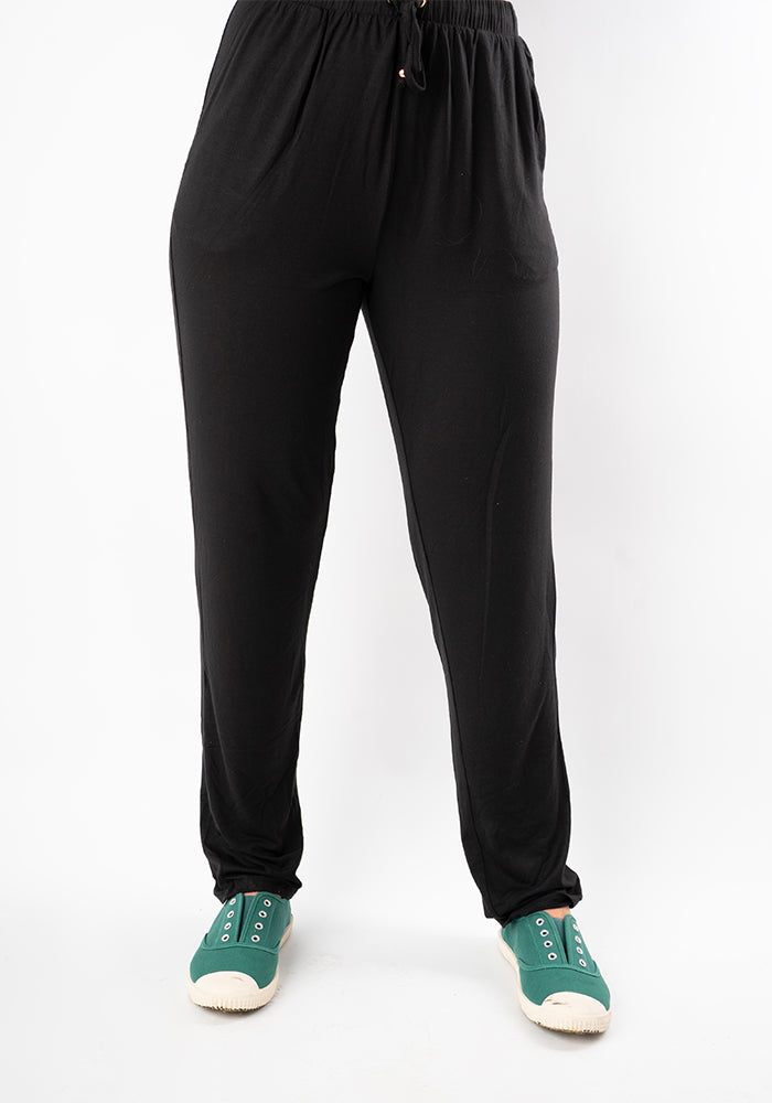 Front view of Taylen Black Viscose Harem Pants, this viscose elastane blend is soft, breathable, and beautifully drapey.