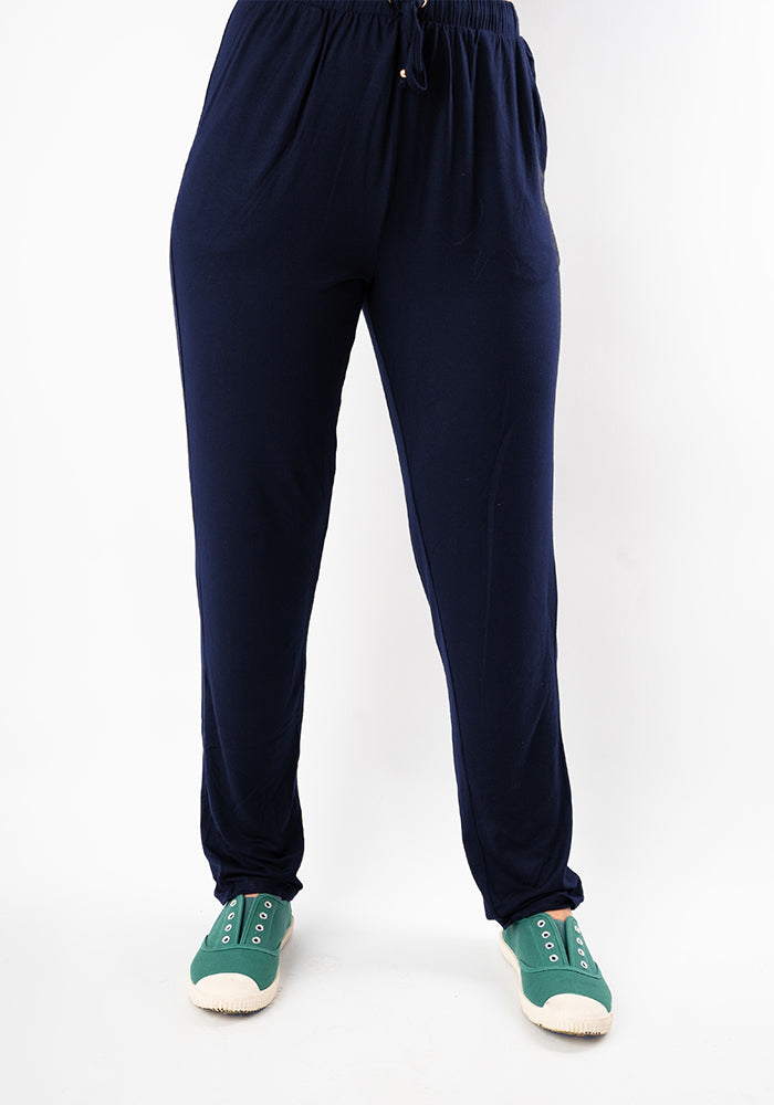 Second angle of Taylen Navy Harem Pants, this viscose elastane blend is soft, breathable, and beautifully drapey.