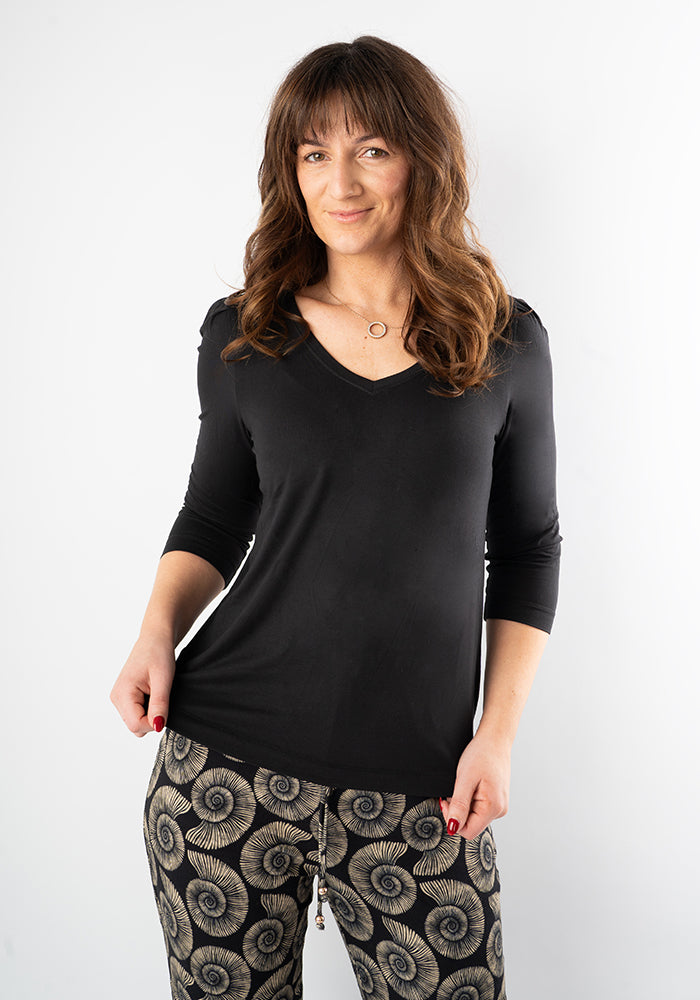 Front view of Kirsty Black V Neck Viscose Top, kirsty Black V Neck Viscose Top The ultimate wardrobe essential.