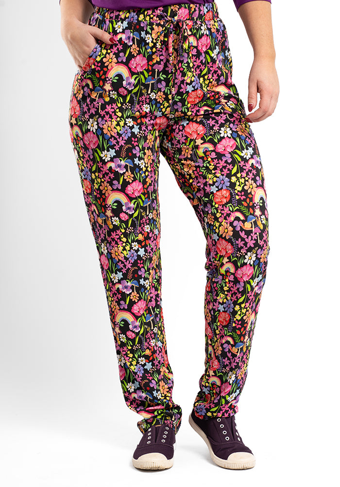 Front view of Taylen Garden Rainbow Print Viscose Harem Pants