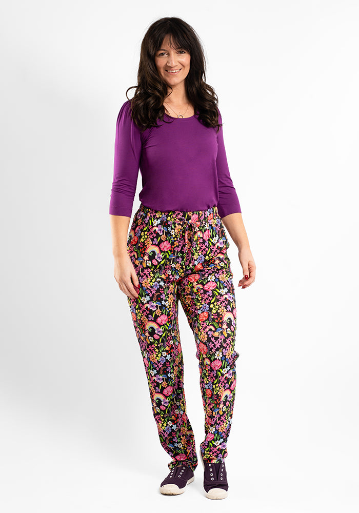 Third angle of Taylen Garden Rainbow Print Viscose Harem Pants