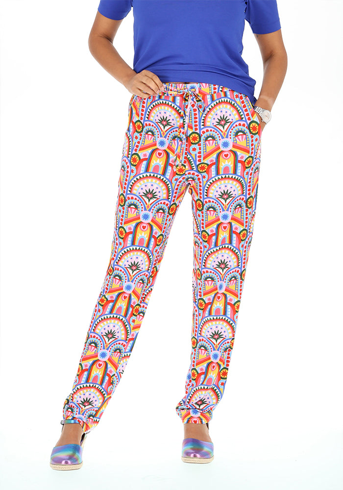 Front view of Taylen Handpainted Deco Print Harem Pants