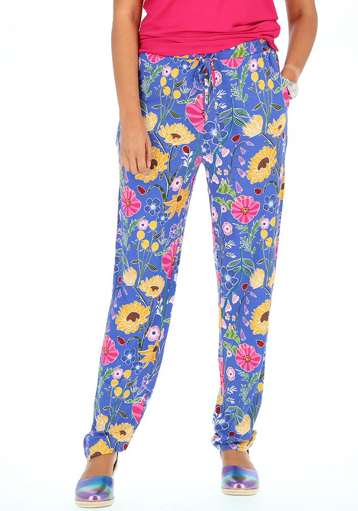 Front view of Taylen Ladybird Floral Summer Blue Print Harem Pants