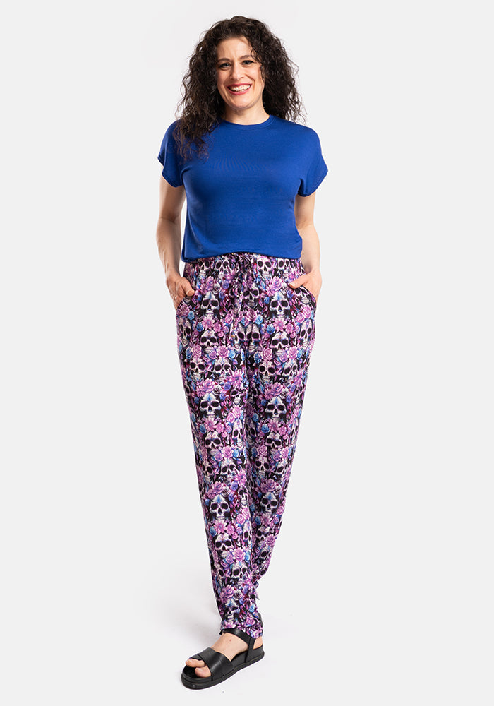 Fifth angle of Taylen Purple Floral Skull Print Viscose Harem Pants