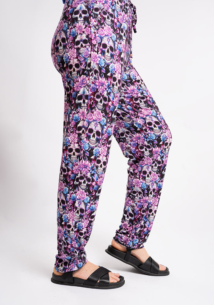 Fourth angle of Taylen Purple Floral Skull Print Viscose Harem Pants