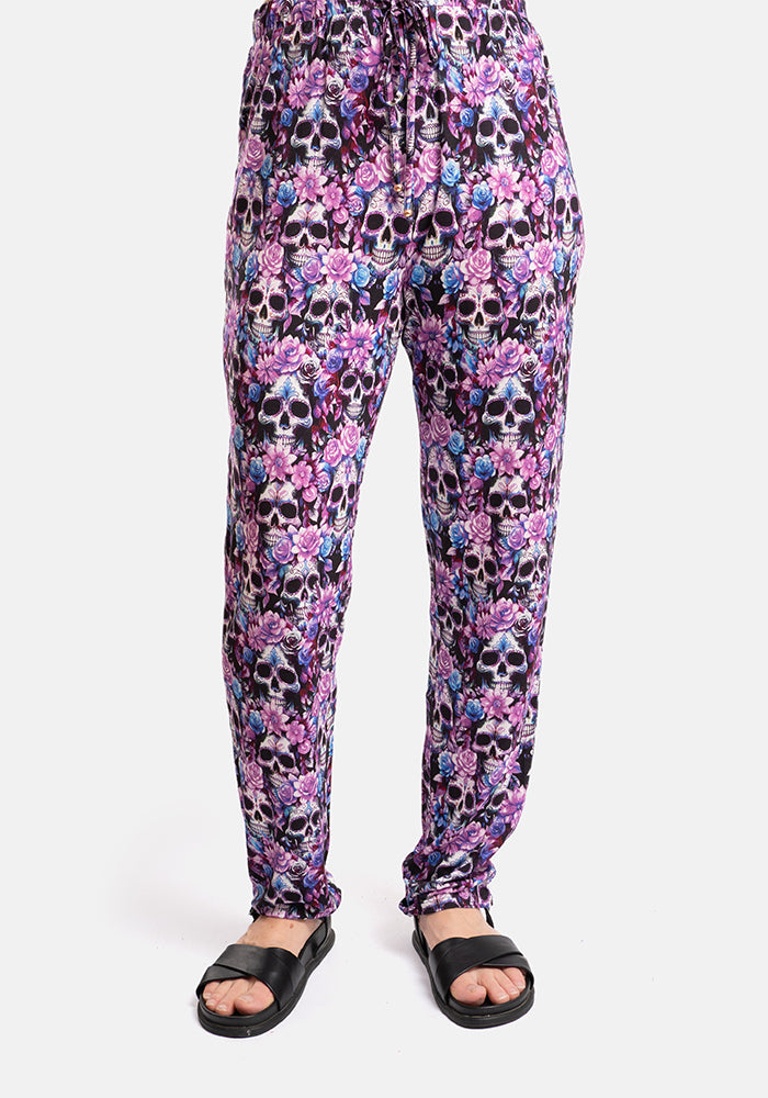 Front view of Taylen Purple Floral Skull Print Viscose Harem Pants