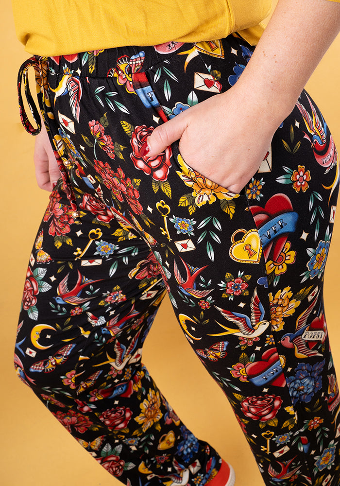 Taylen Tattoo Print Viscose Harem Pants