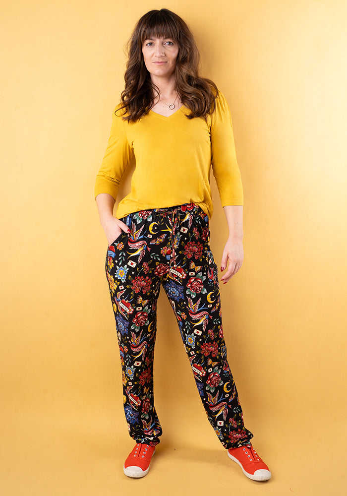 Front view of Taylen Tattoo Print Viscose Harem Pants